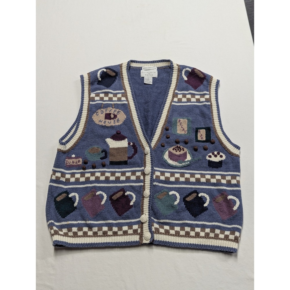 Christopher & Banks Coffee House Hand Embroidered Sweater Vest Blue Womens Small